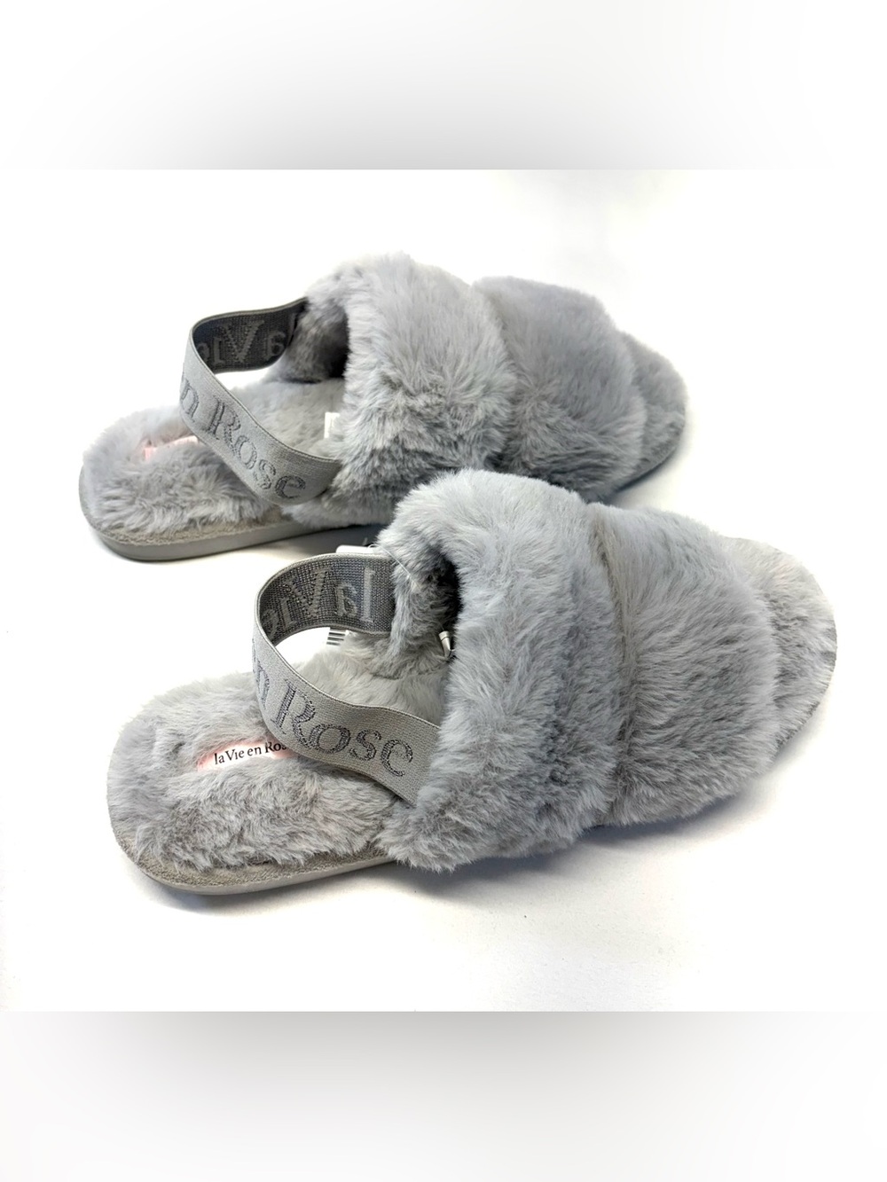 NWT La Vie en Rose Plush Open Slide Slippers - Silver Grey XL